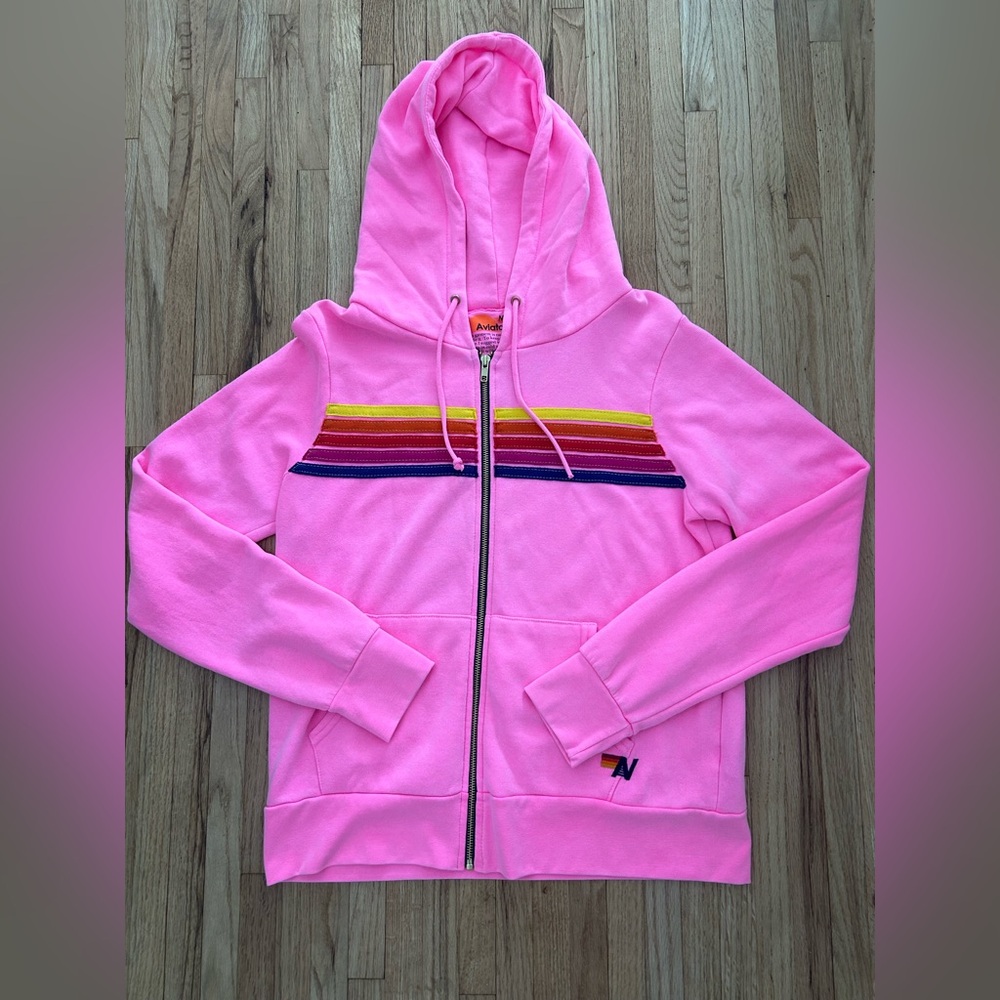 Aviator Nation Neon Pink Five Stripe Zip Up Hoodie
